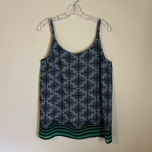 CAbi Navy Blue/Green Motif Striped Lined Sheer Sleeveless Blouse Size Medium